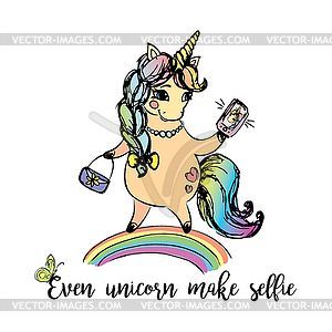 Fashion unicorn girl with bag and cell phone - vector image