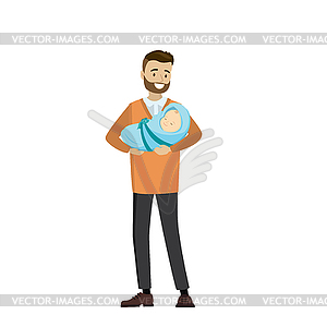 Cartoon young father with newborn baby - vector clipart