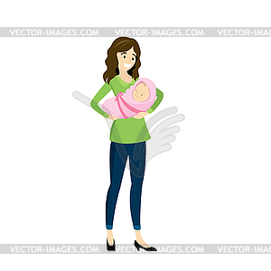 Cartoon young mother with newborn baby, - vector image