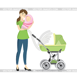 Beautiful woman with newborn baby and baby carriage - vector clipart / vector image