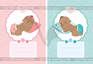 Newborn baby girl and boy,cartoon card, - vector clipart