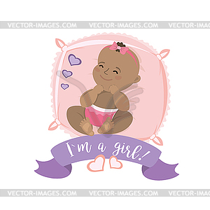 Cute Newborn baby lies on pillow, card or banner, - vector image