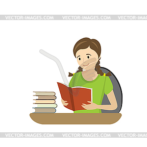 Teenager reads book,cartoon girl - vector clipart