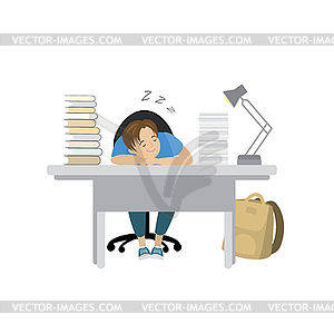 Tired teenager boy sleep at table with books - vector image