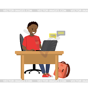 Teenager communicates with laptop, - vector clipart