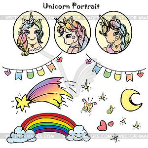 Unicorns portrait and elements - vector clipart