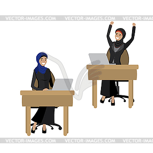 Arabic business women working at laptop, back - vector clip art