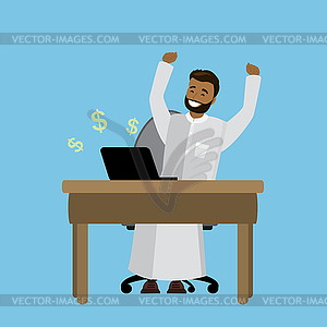 Арабский бизнесмен, работающий на ноутбуке, успех - клипарт в векторе / векторное изображение