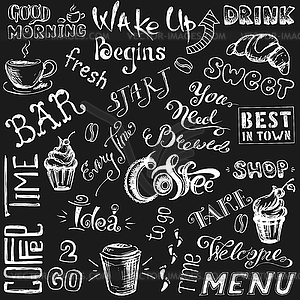 Coffee set, lettering and sign - vector clip art