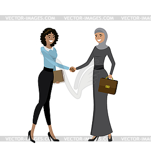 Business women of different nationalities shake - vector image