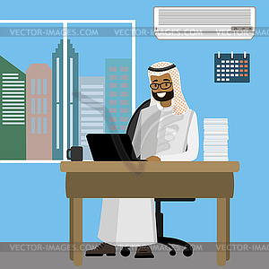 Arabic businessman working on laptop in office - vector image