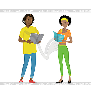 Young happy man and woman read books - vector clipart