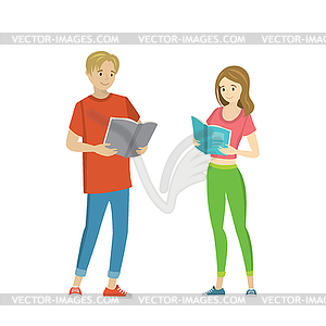 Young happy man and woman read books - vector clip art