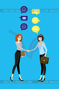 Business women shaking hands and talking - vector image