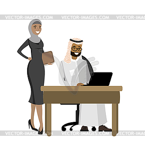 Арабский бизнесмен, работающий над ноутбуком и бизнесом - изображение в векторе