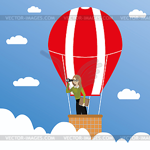 Business woman with binoculars in hot air balloon, - vector image