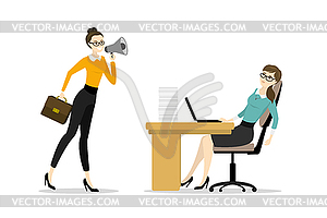 Business woman boss screams into megaphone by - vector clipart