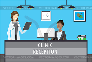 Woman sitting at clinic reception desk and smile - vector clip art