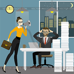 Business woman boss screams into megaphone by - vector clipart