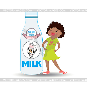 Bottle of milk and cow`s label and smiley cute girl - vector clipart / vector image