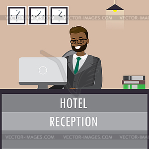 Man receptionist sitting at reception desk - vector clip art