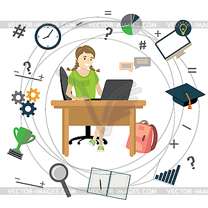 Cartoon teenager sitting at table and studying - vector image