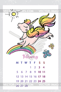 Calendar 2018 with unicorn, template - vector clip art