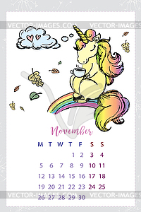 Calendar 2018 with unicorn, template - vector clipart