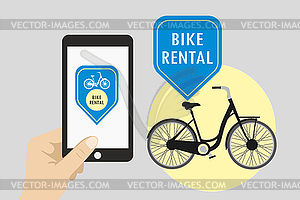 Hand holding cellphone with bike rental app - vector clip art
