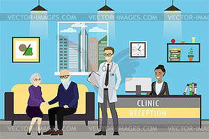 Clinic reception,old caucasian couple, doctor and - vector clip art