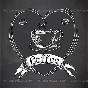 Coffee label,heart and cup of coffee, - vector image