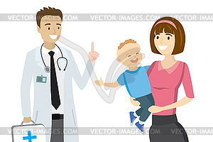 Cartoon doctor and mother with child, - vector clipart