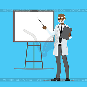 Мультяшный афроамериканский врач с презентацией - клипарт в векторе