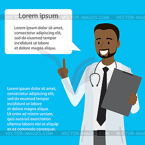 Cartoon african american doctor with speech bubble - vector image