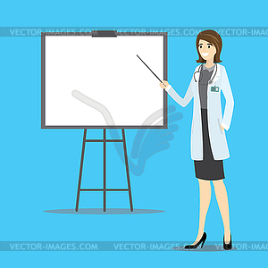 Cartoon female caucasian doctor and presentation - vector clipart