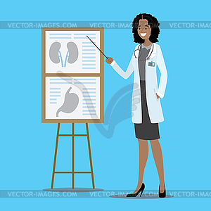 Cartoon doctor with medical presentation stand - vector image