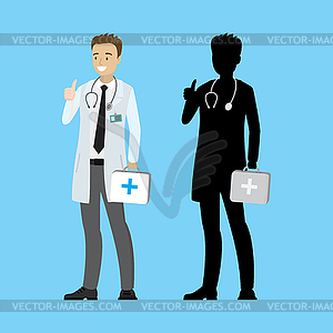 Cartoon caucasian doctor with silhouette, - vector EPS clipart