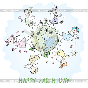 Fairies and planet earth, earth day - vector EPS clipart