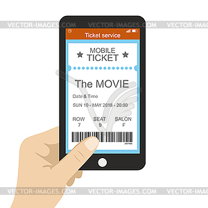 Ticket service,hand holding smart phone with movie - stock vector clipart