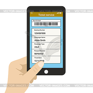 Hand holding smartphone,ticket service app on - vector clip art