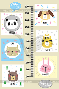 Kids height chart.Cute and funny animals - vector image