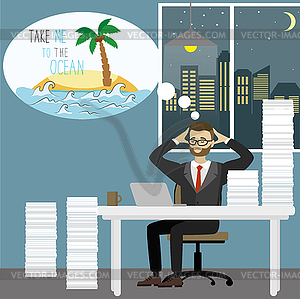 Tired businessman dreams of an ocean island - vector image