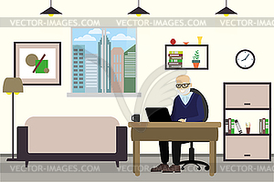 Cartoon old man with laptop,working at home, - vector image