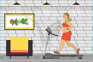 Fat girl on treadmill,fitness club - vector EPS clipart