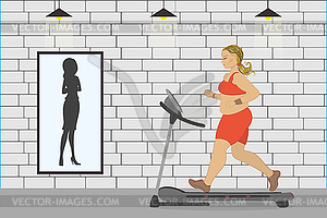 Fat girl on treadmill and silhouette of thin woman - vector clipart
