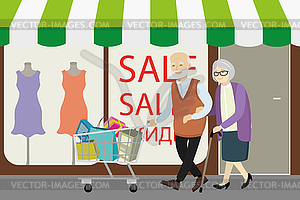 Happy old people with shopping trolley - vector image