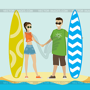 Caucasian man and woman on surfing vacation - vector clipart