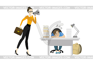 Teacher screams into megaphone and Tired teenager - vector image