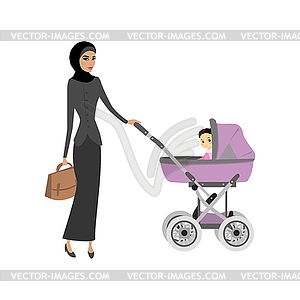 Young arabic woman in hijab with pram and baby - vector clipart