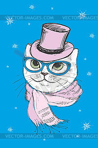 Cute cat with retro hat and scarf,snowflakes on - vector image